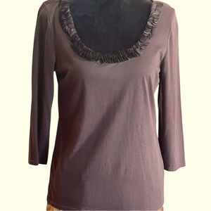 TALBOT RUFFLED NECK SUPER-SOFT BROWN PIMA COTTON 3/4 SLEEVE TO SZ SM